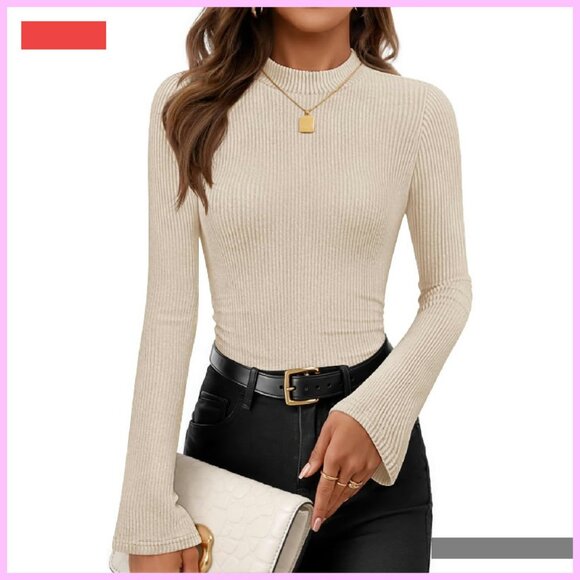 Long Sleeve Mock Neck Ribbed Knit Slim Fit Top Basic Tee - Picture 1 of 4